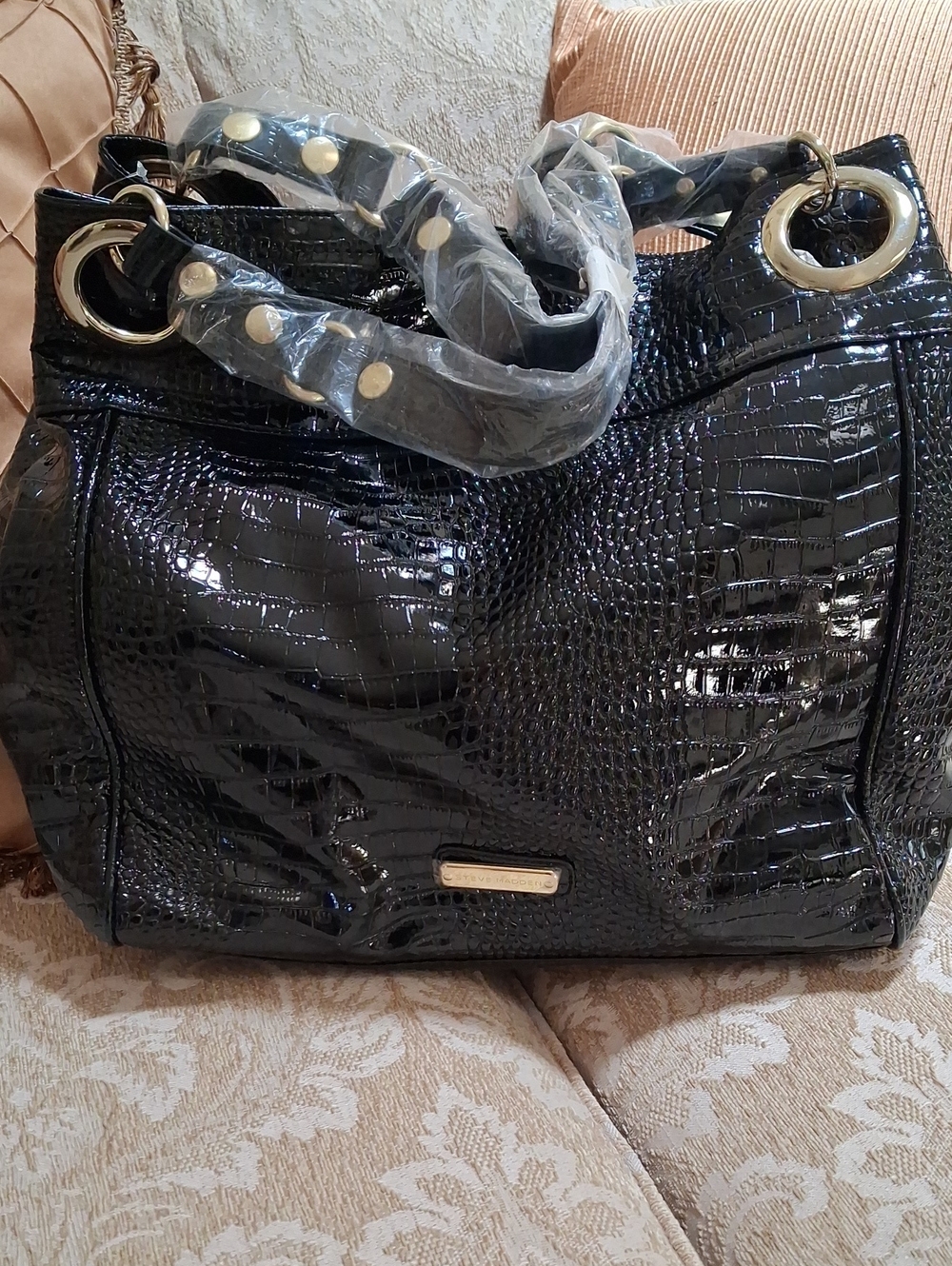 Black Croc-Embossed Tote Bag with Gold Hardware